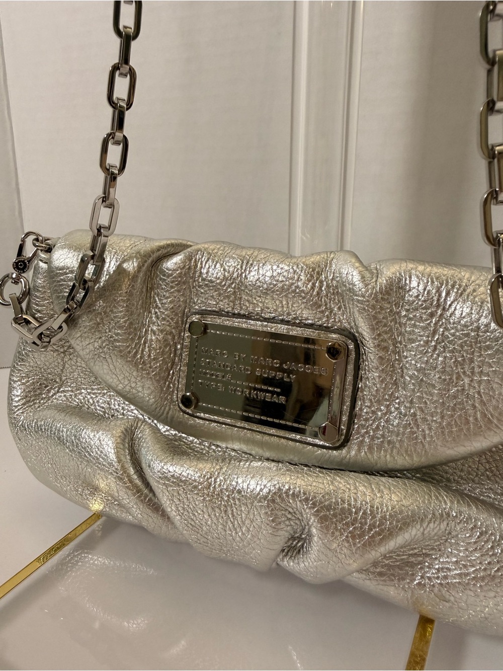Marc Jacobs Metallic Silver Leather Shoulder Bag with Chain Strap